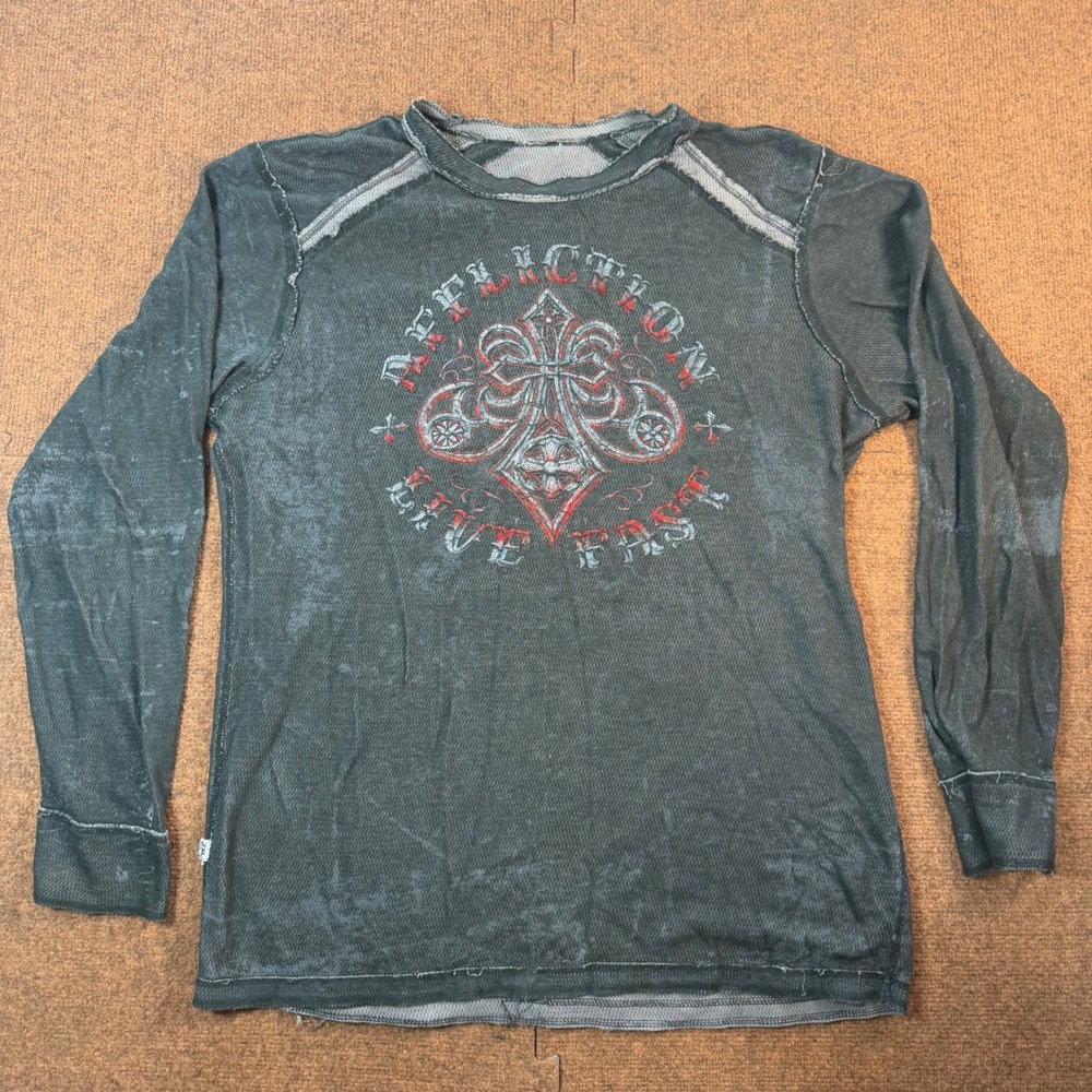 Affliction Live Fast Thermal Shirt Mens 2XL Gray Graphic Long Sleeve Waffle Y2K
